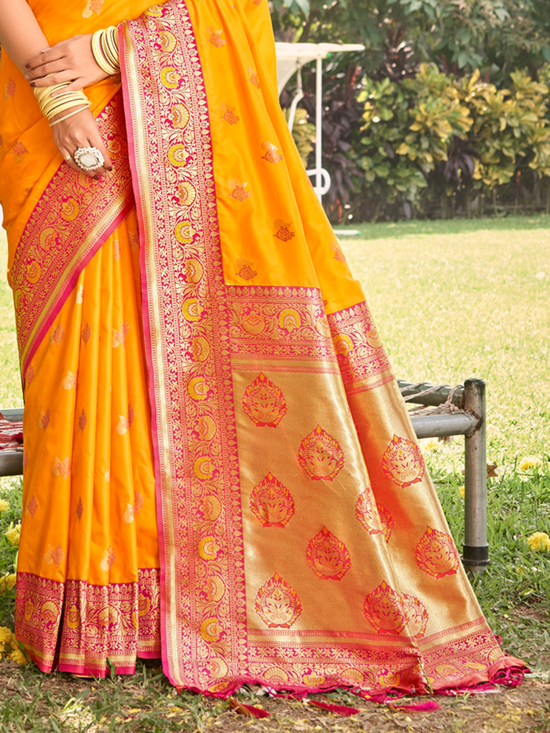 Women's Mustard Silk Woven Work Traditional Tassels Saree - Sangam Prints