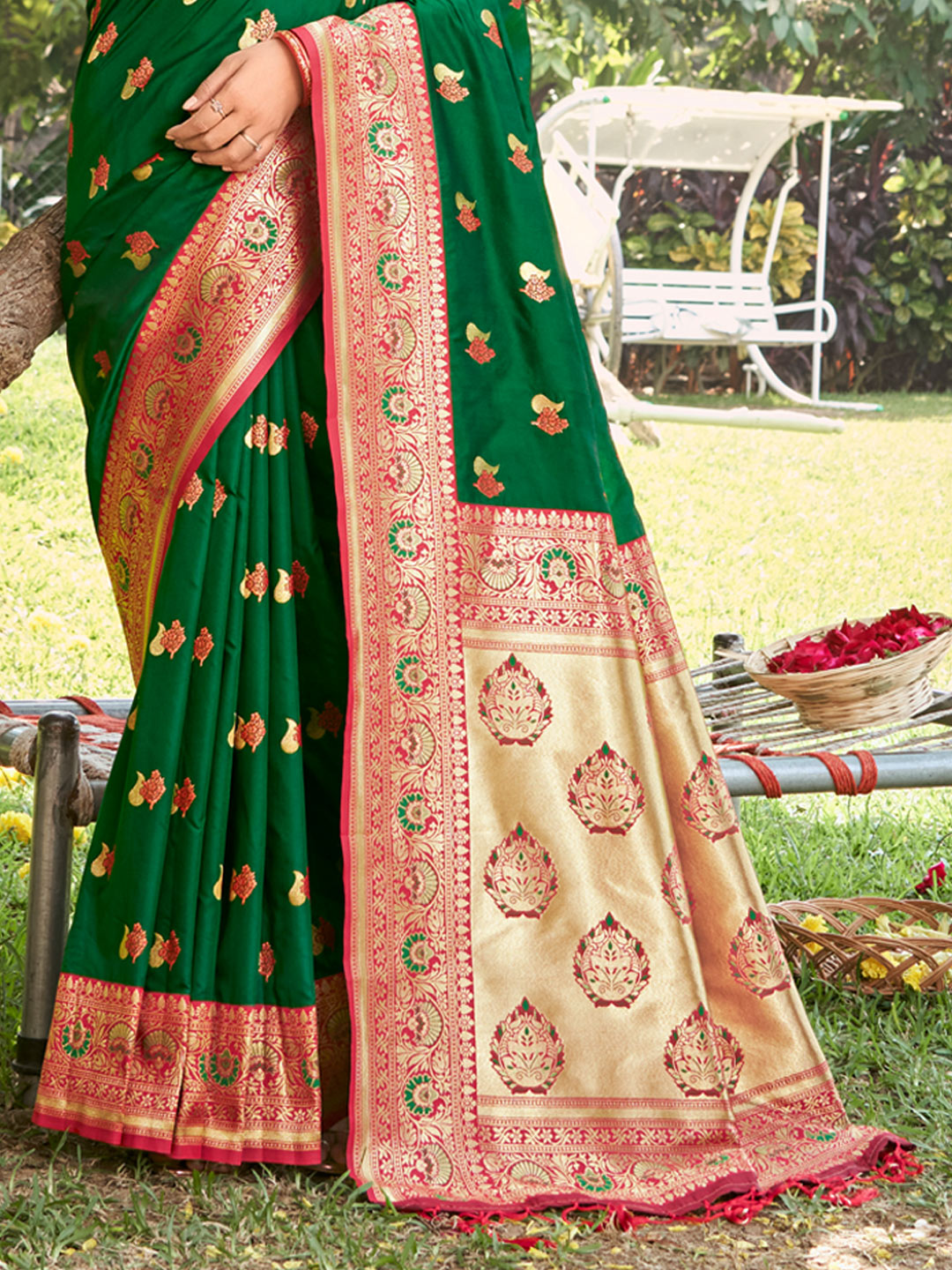 Women's Green Silk Woven Work Traditional Tassels Saree - Sangam Prints