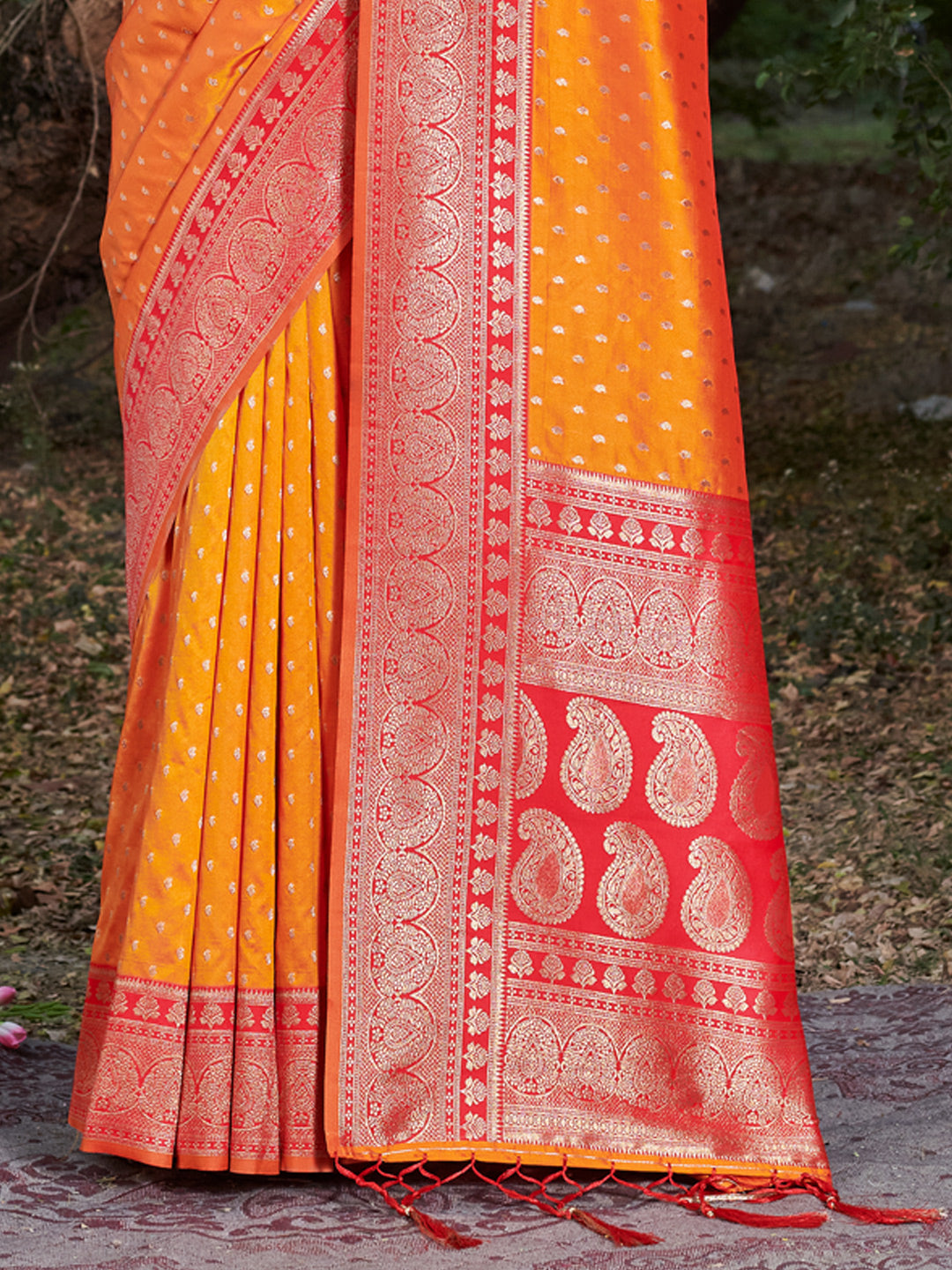 Women's Mustard Banarasi Silk Woven Work Traditional Tassels Saree - Sangam Prints