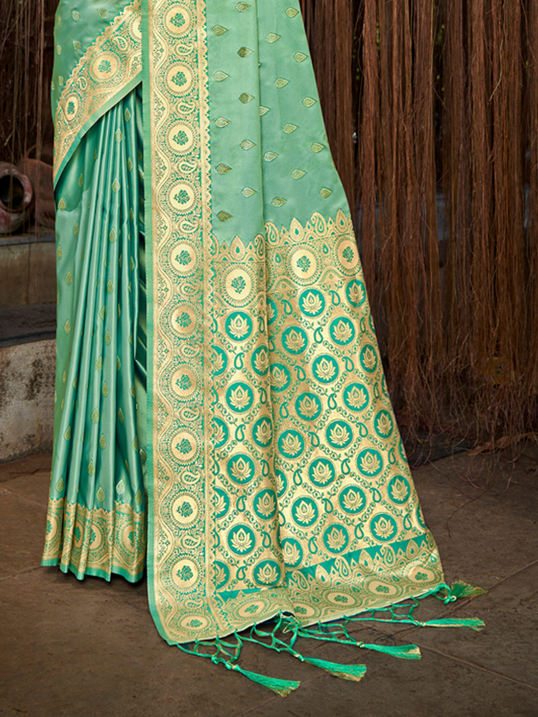Women's Rama Green Stain Silk Woven Work Traditional Tassels Saree - Sangam Prints