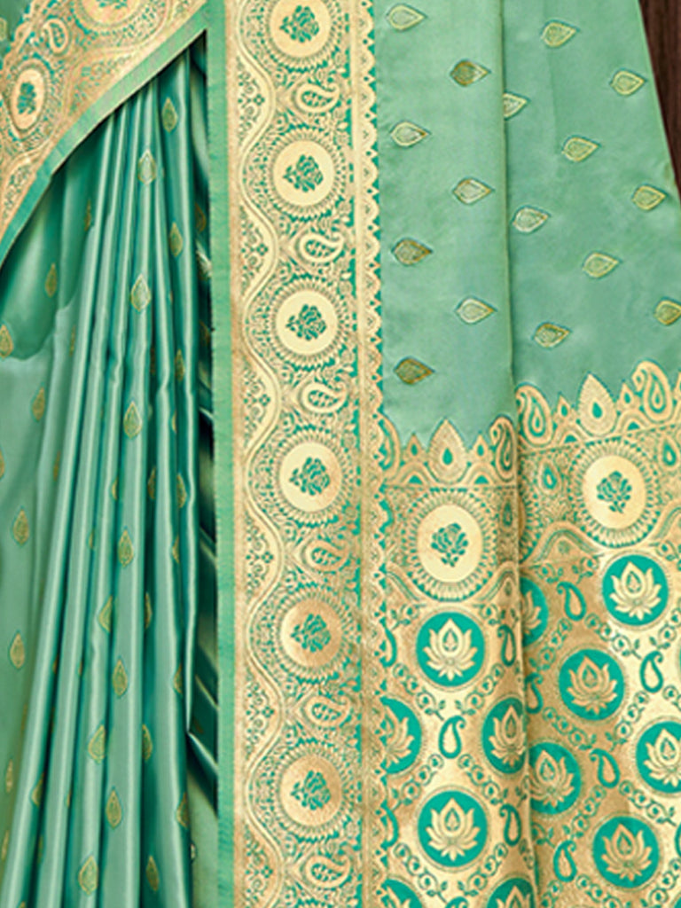 Women's Rama Green Stain Silk Woven Work Traditional Tassels Saree