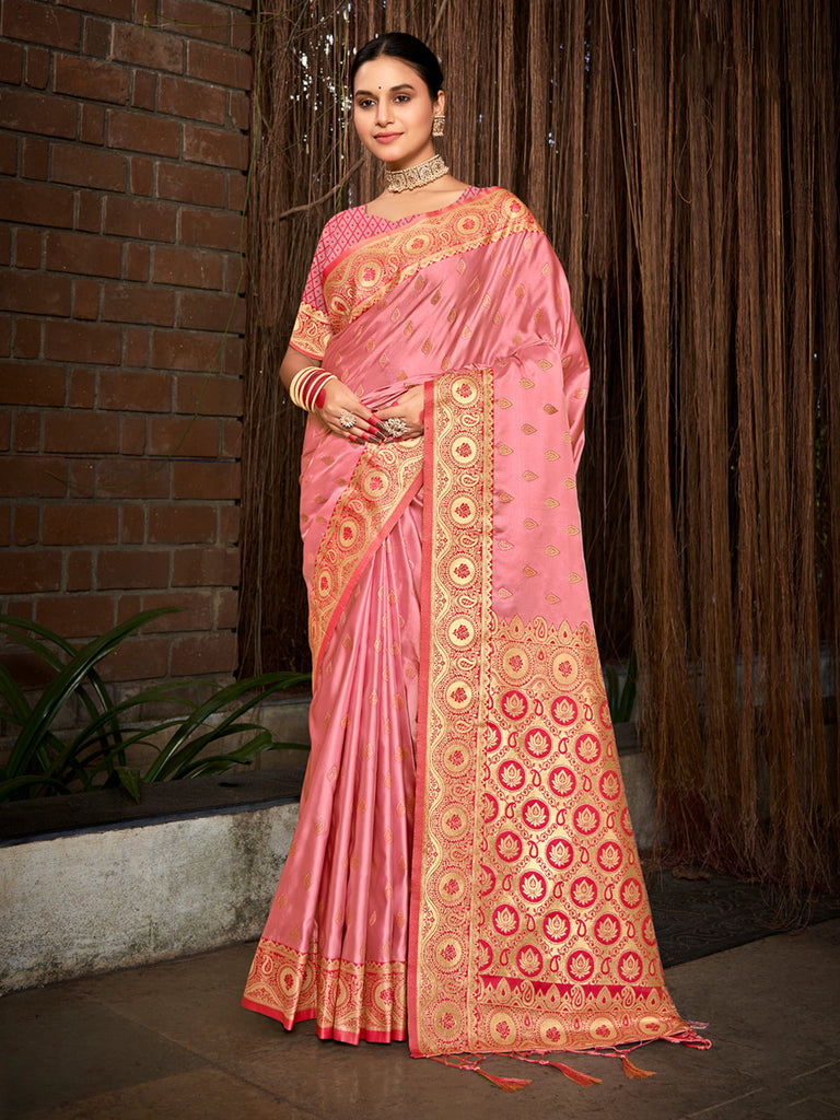 Women's Pink Stain Silk Woven Work Traditional Tassels Saree