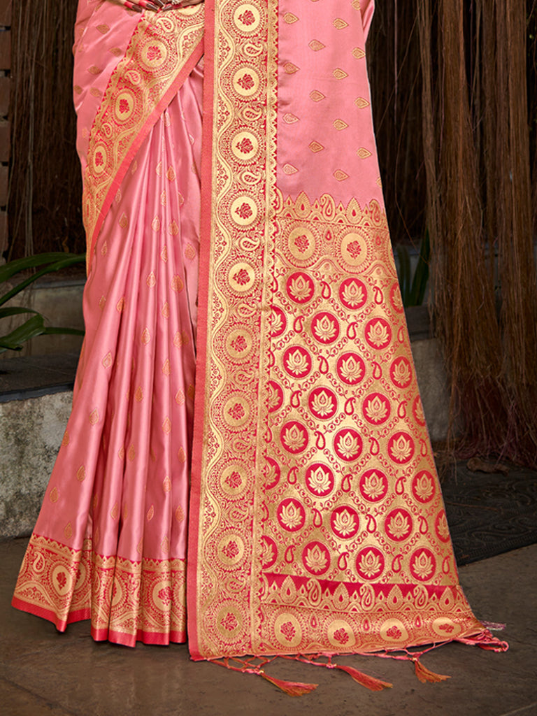 Women's Pink Stain Silk Woven Work Traditional Tassels Saree