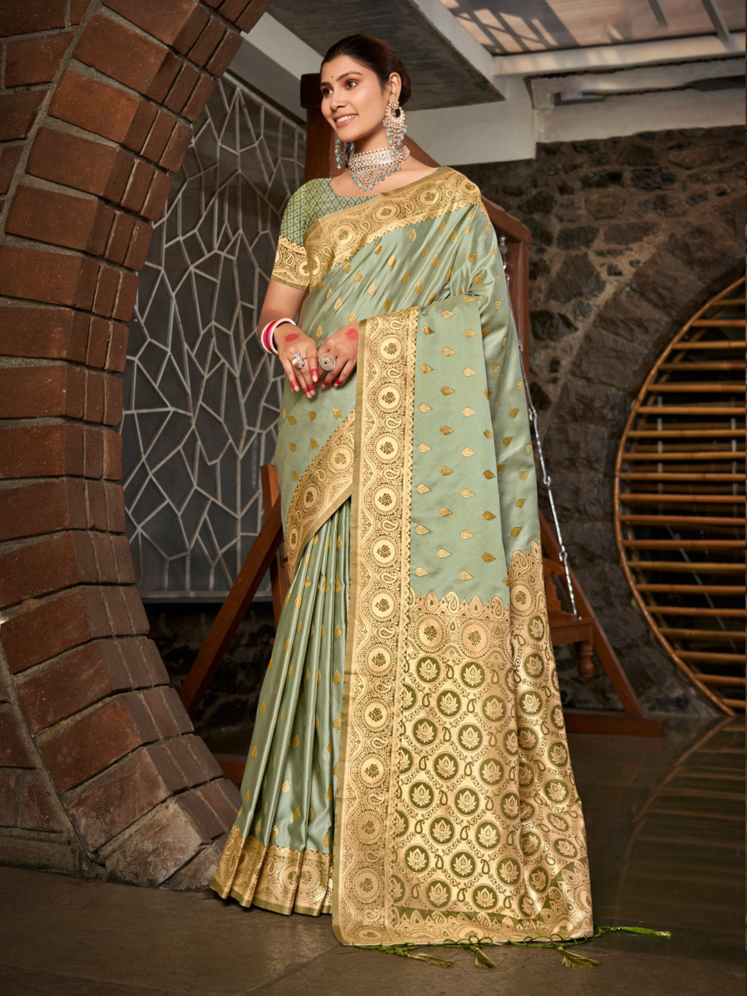 Women's Light Green Stain Silk Woven Work Traditional Tassels Saree - Sangam Prints