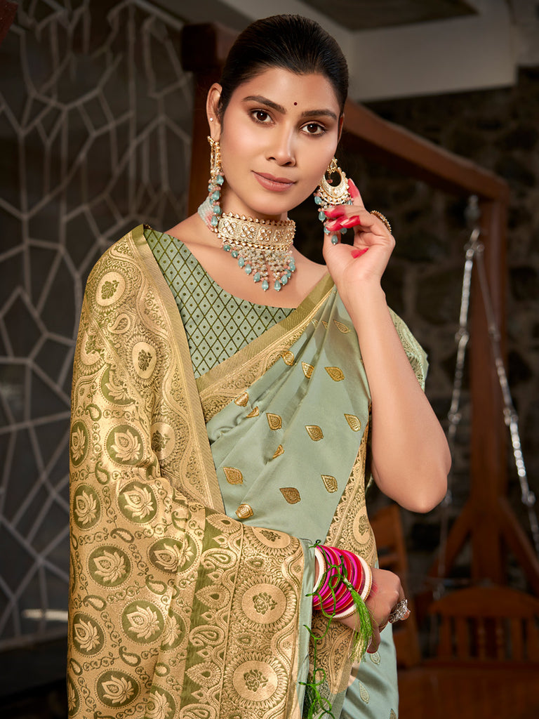 Women's Light Green Stain Silk Woven Work Traditional Tassels Saree