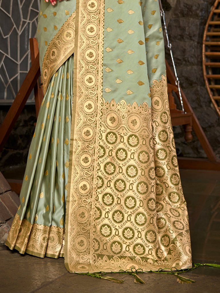 Women's Light Green Stain Silk Woven Work Traditional Tassels Saree