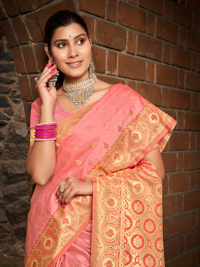 Women's Peach Stain Silk Woven Work Traditional Tassels Saree