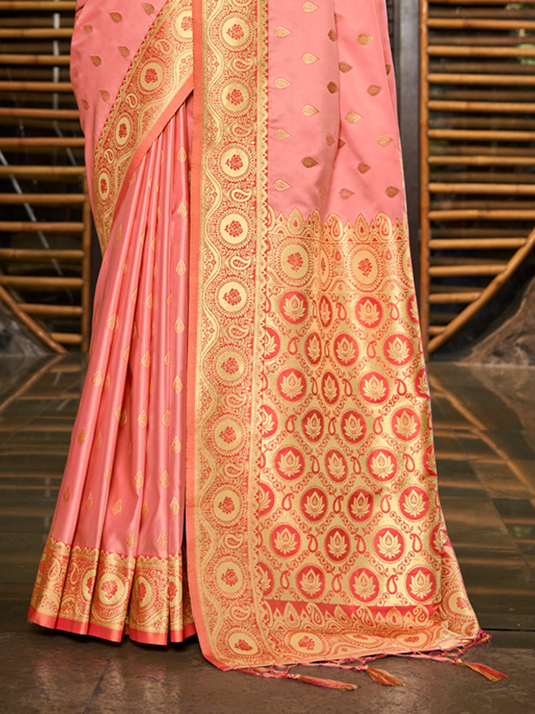 Women's Peach Stain Silk Woven Work Traditional Tassels Saree - Sangam Prints