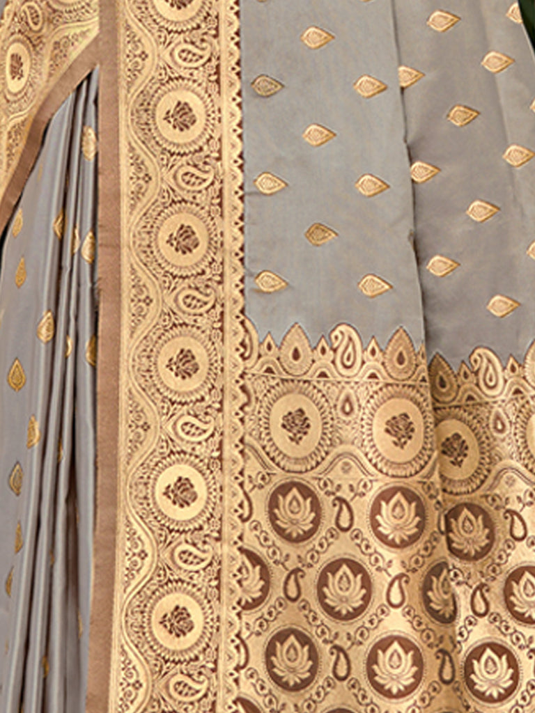 Women's Grey Stain Silk Woven Work Traditional Tassels Saree