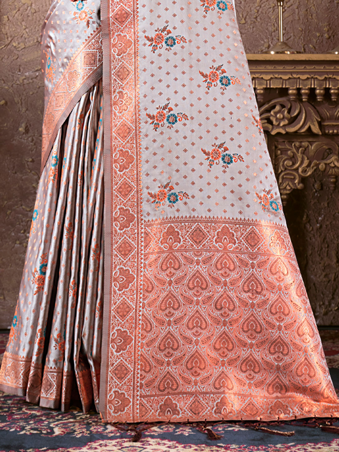 Women's Grey Silk Woven Work Traditional Tassels Saree - Sangam Prints