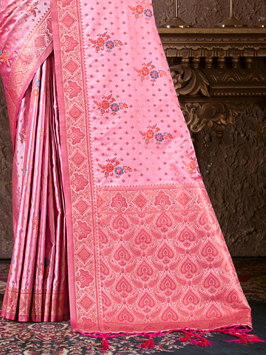 Women's Pink Silk Woven Work Traditional Tassels Saree - Sangam Prints