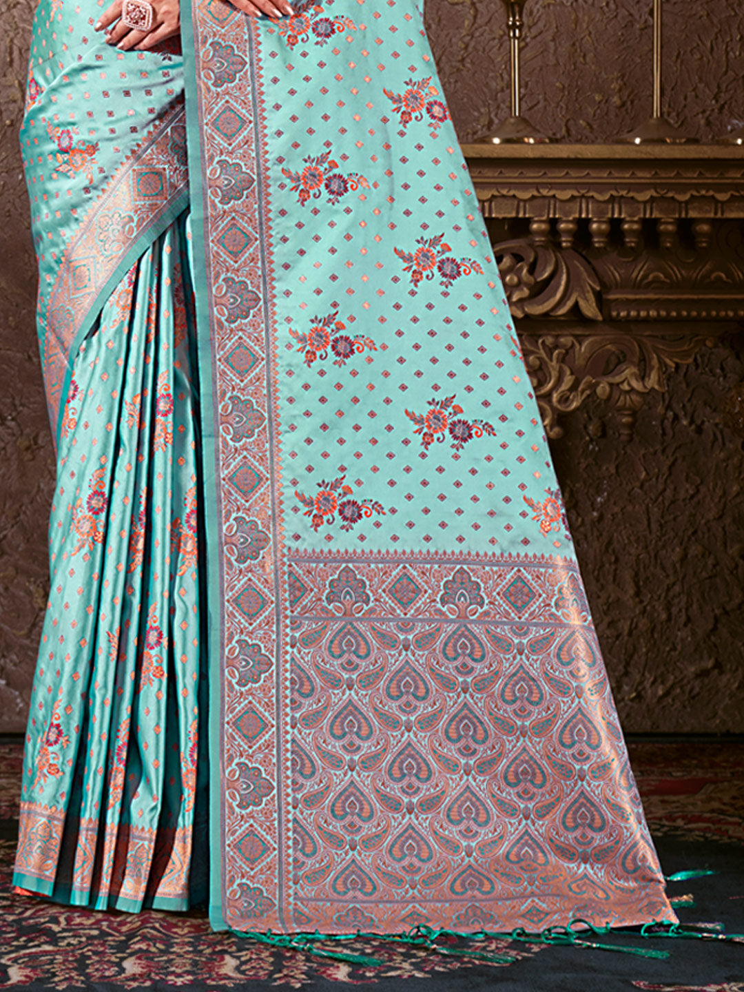 Women's Sea Green Silk Woven Work Traditional Tassels Saree - Sangam Prints