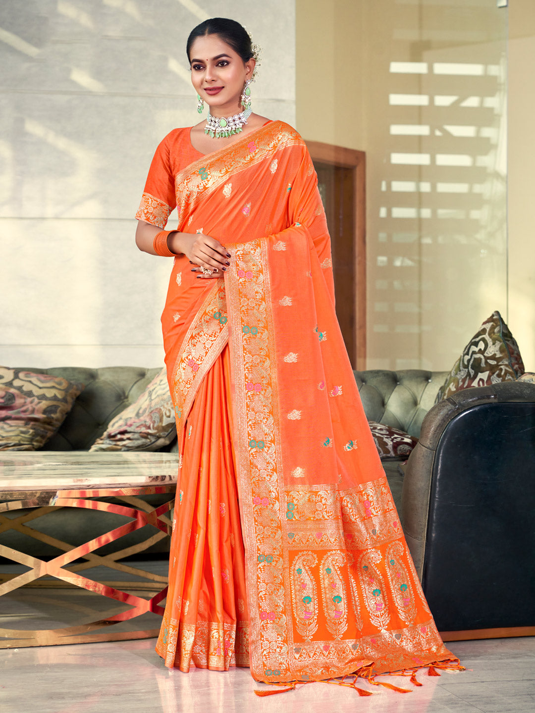Women's Orange Silk Woven Work Traditional Tassels Saree - Sangam Prints