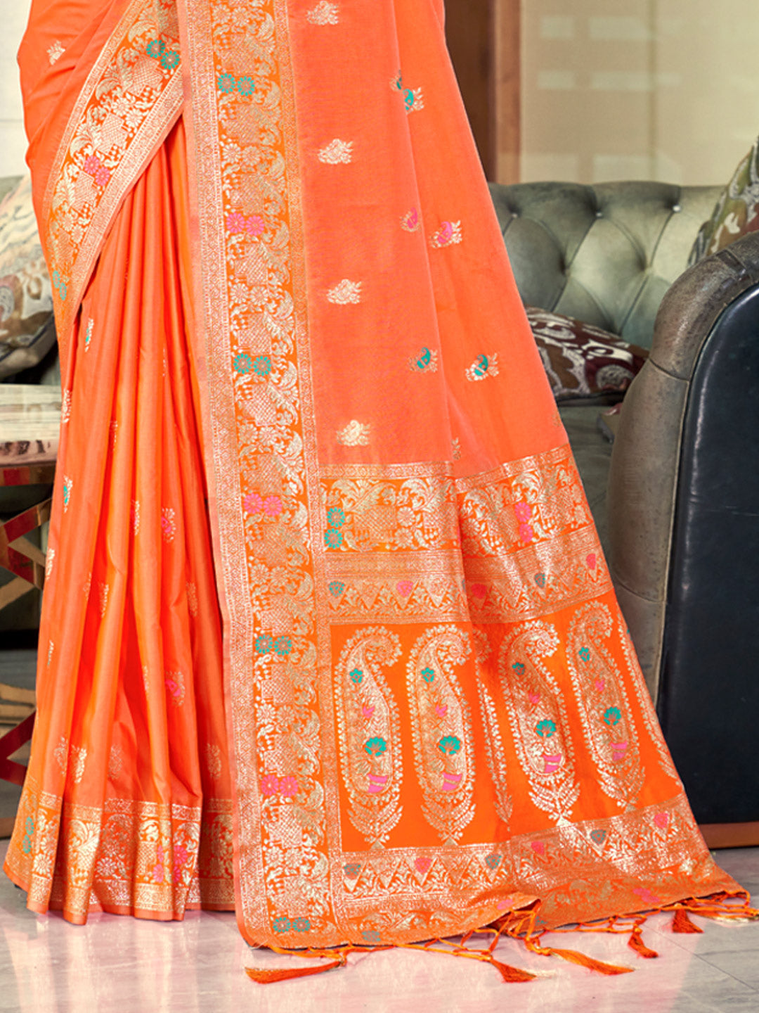 Women's Orange Silk Woven Work Traditional Tassels Saree - Sangam Prints