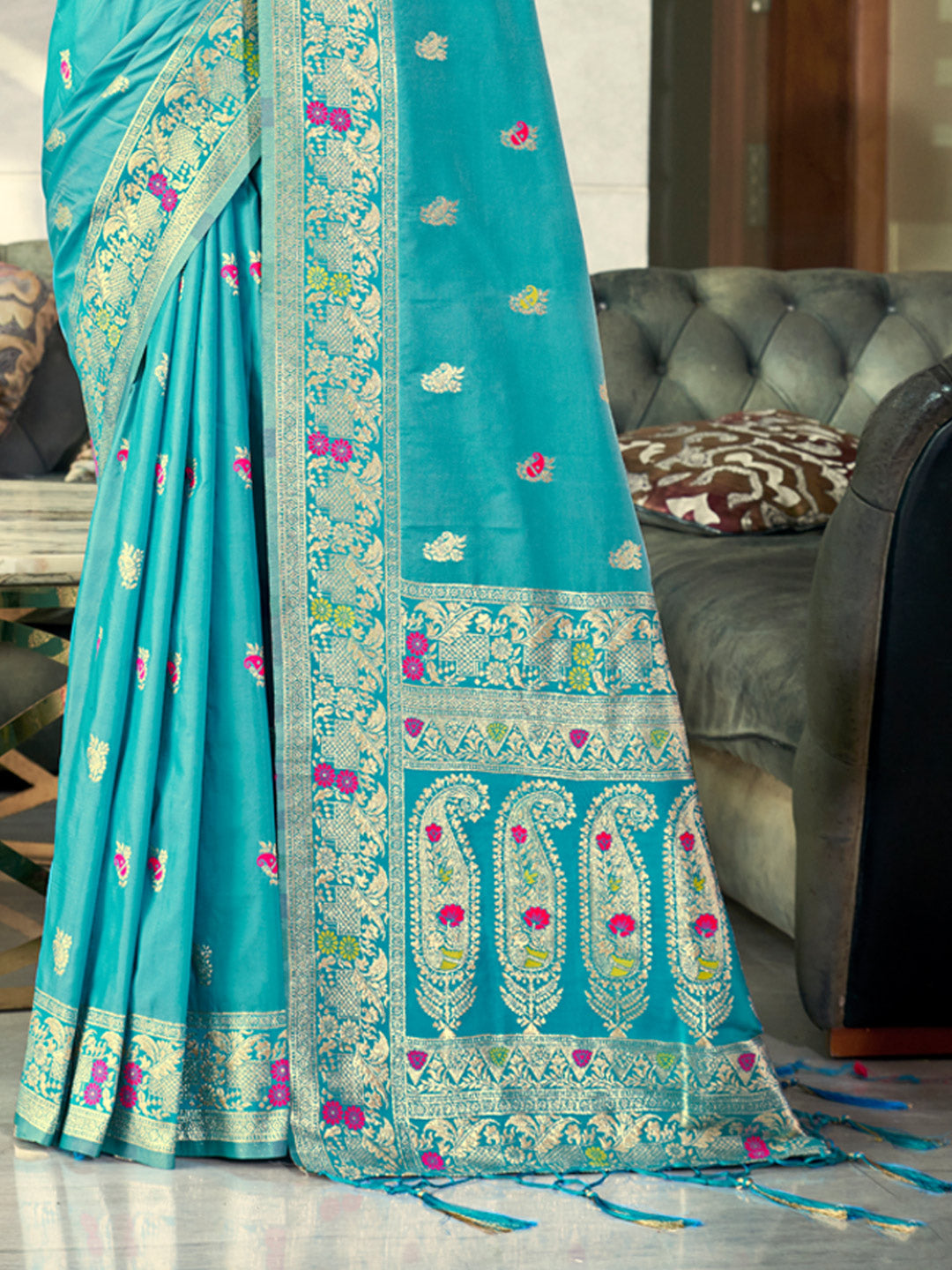 Women's Sky Blue Silk Woven Work Traditional Tassels Saree - Sangam Prints