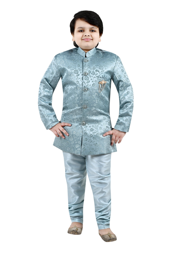 Boy's Grey Silk Blend Jacquard  Indo Western Sherwani Set