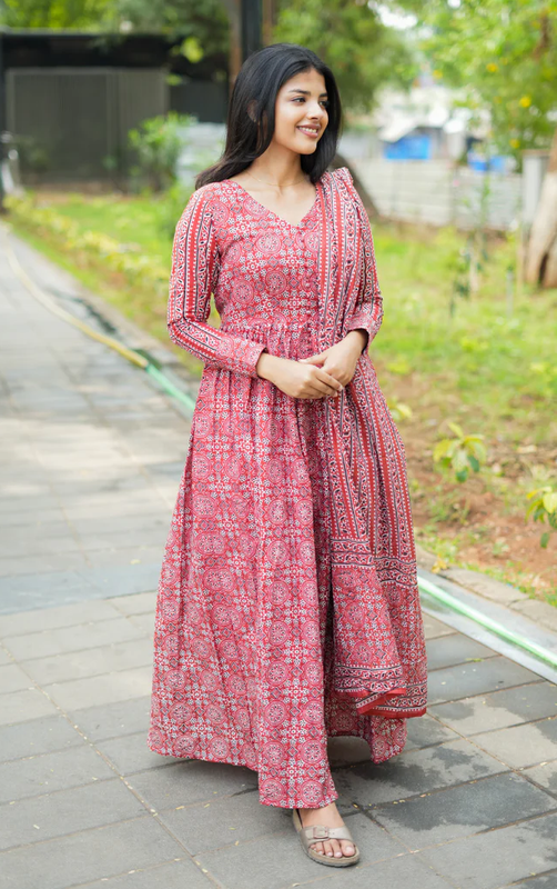 Women's Elegant Red Block Print Anarkali Dress