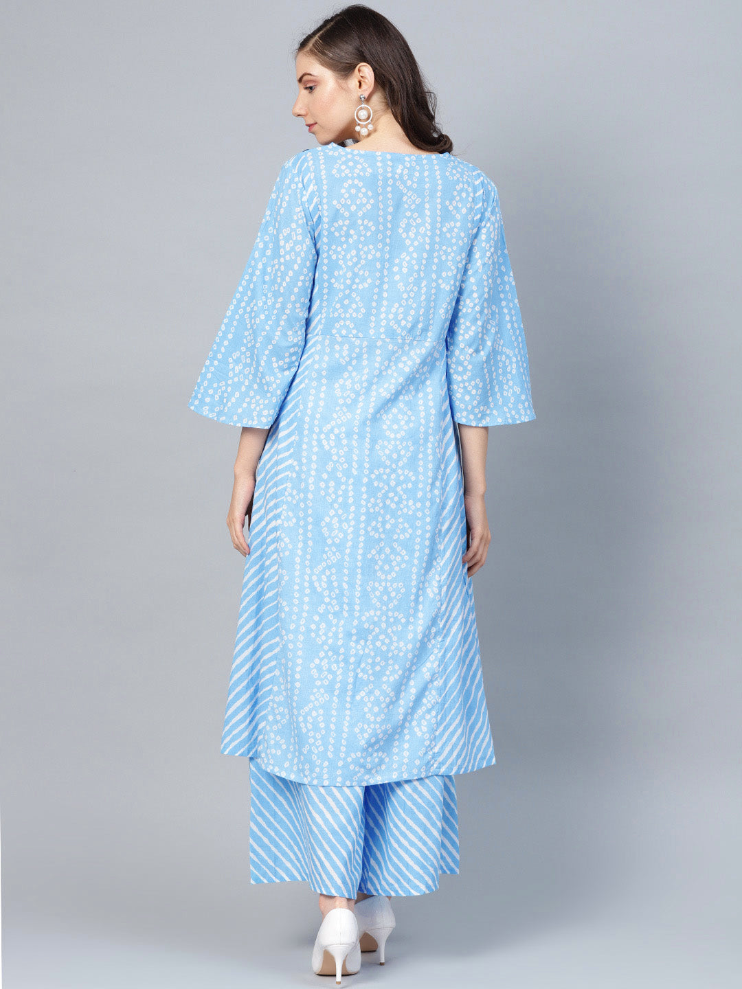 Women's Blue And White Bandhani Print Kurta With Palazzos - Bhama Couture