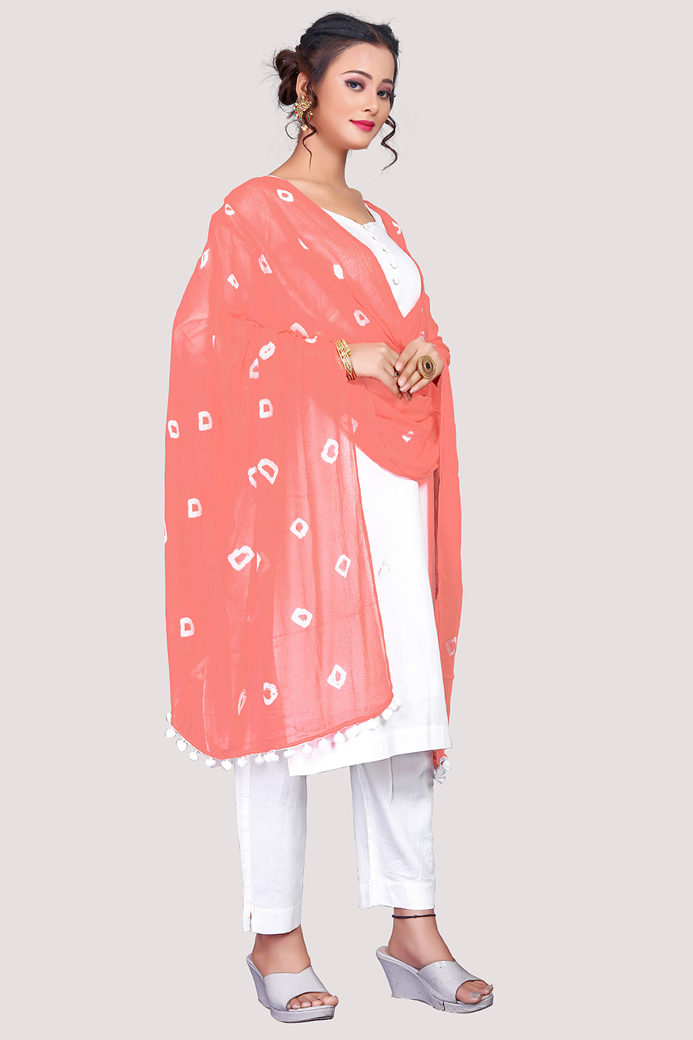 Women's Baby Pink  Bandhani Print Woven Chiffon Dupatta  - NIMIDHYA