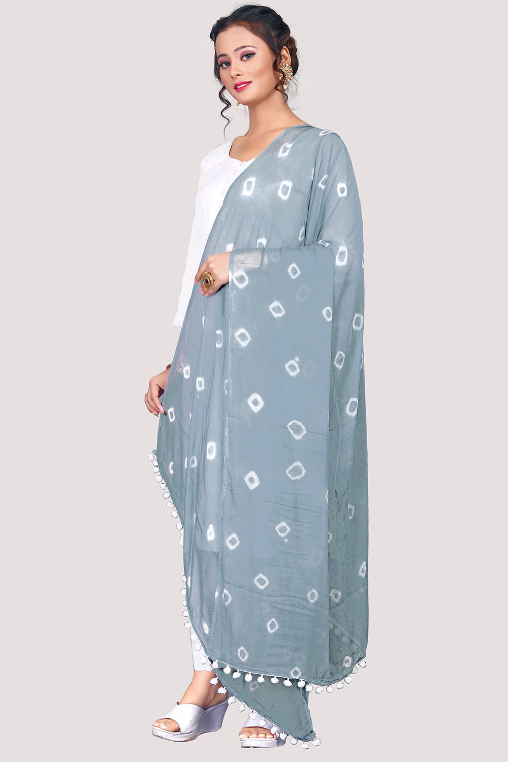 Women's Grey  Bandhani Print Woven Chiffon Dupatta  - NIMIDHYA