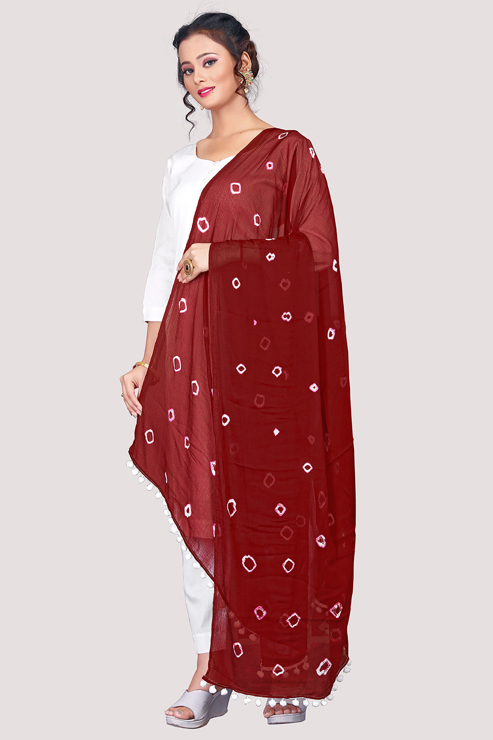 Women's Maroon  Bandhani Print Woven Chiffon Dupatta  - NIMIDHYA