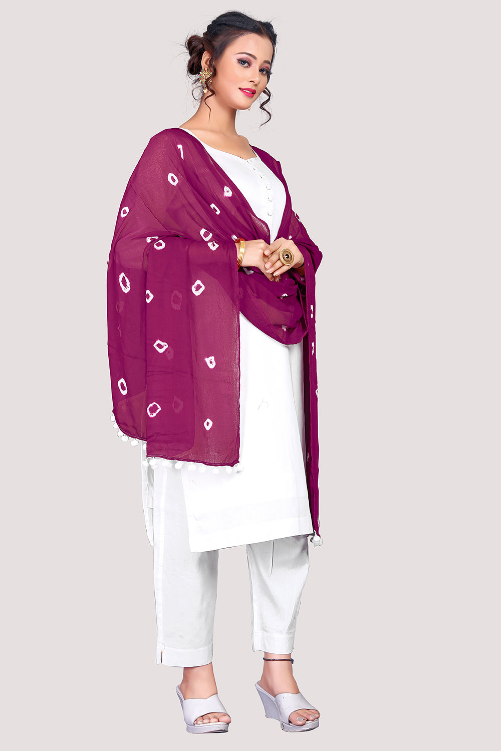 Women's Purple  Bandhani Print Woven Chiffon Dupatta  - NIMIDHYA