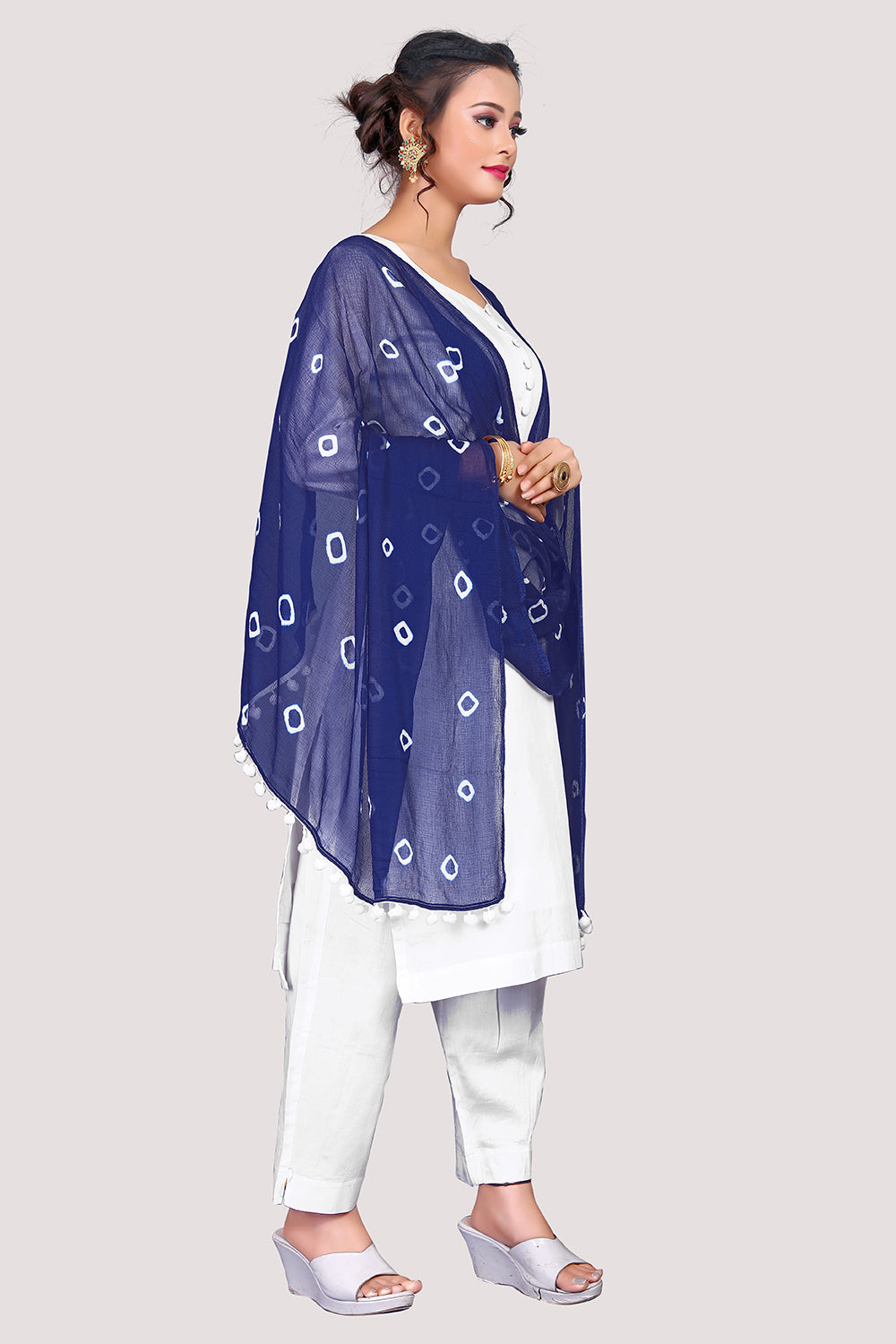 Women's Royal Blue  Bandhani Print Woven Chiffon Dupatta  - NIMIDHYA