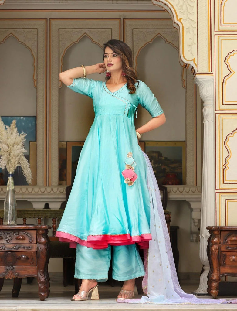 Women's Bandhej Blue Floss Angrakha Set