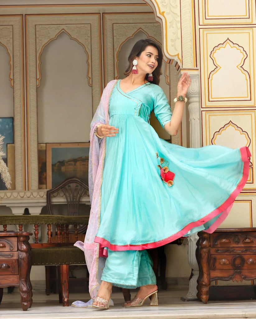 Women's Bandhej Blue Floss Angrakha Set