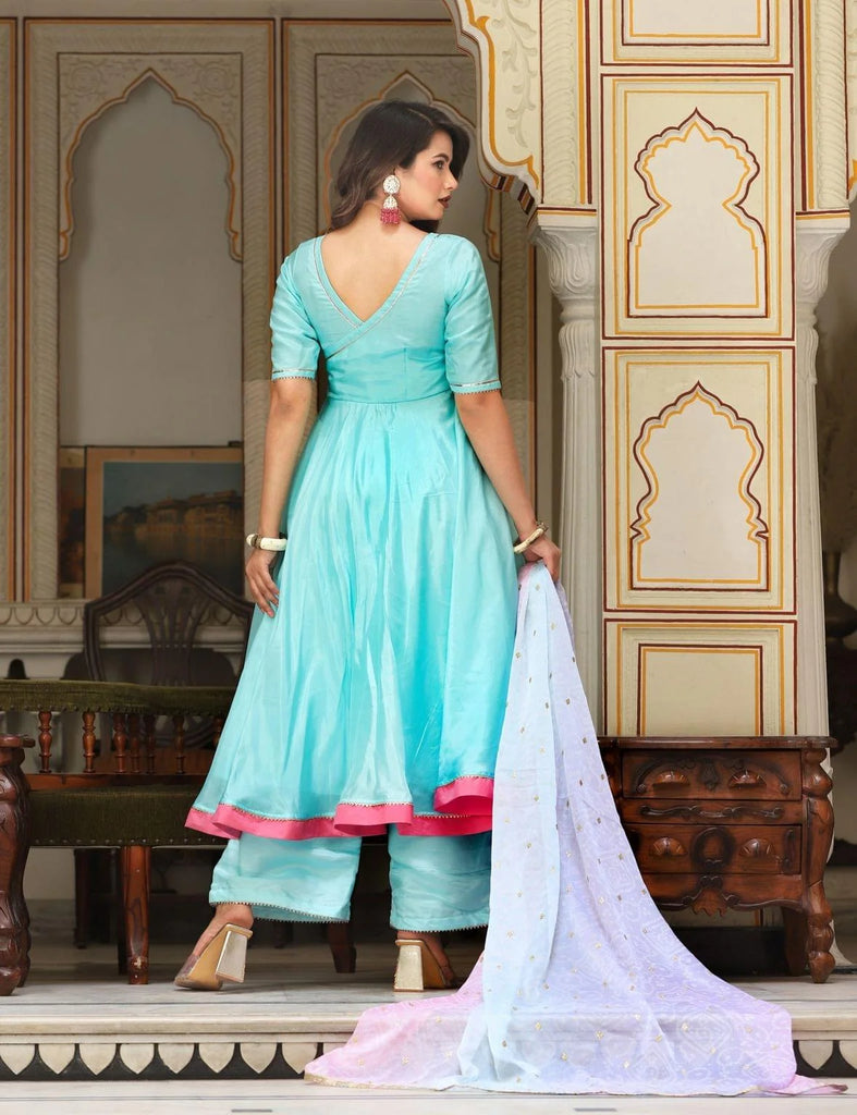Women's Bandhej Blue Floss Angrakha Set