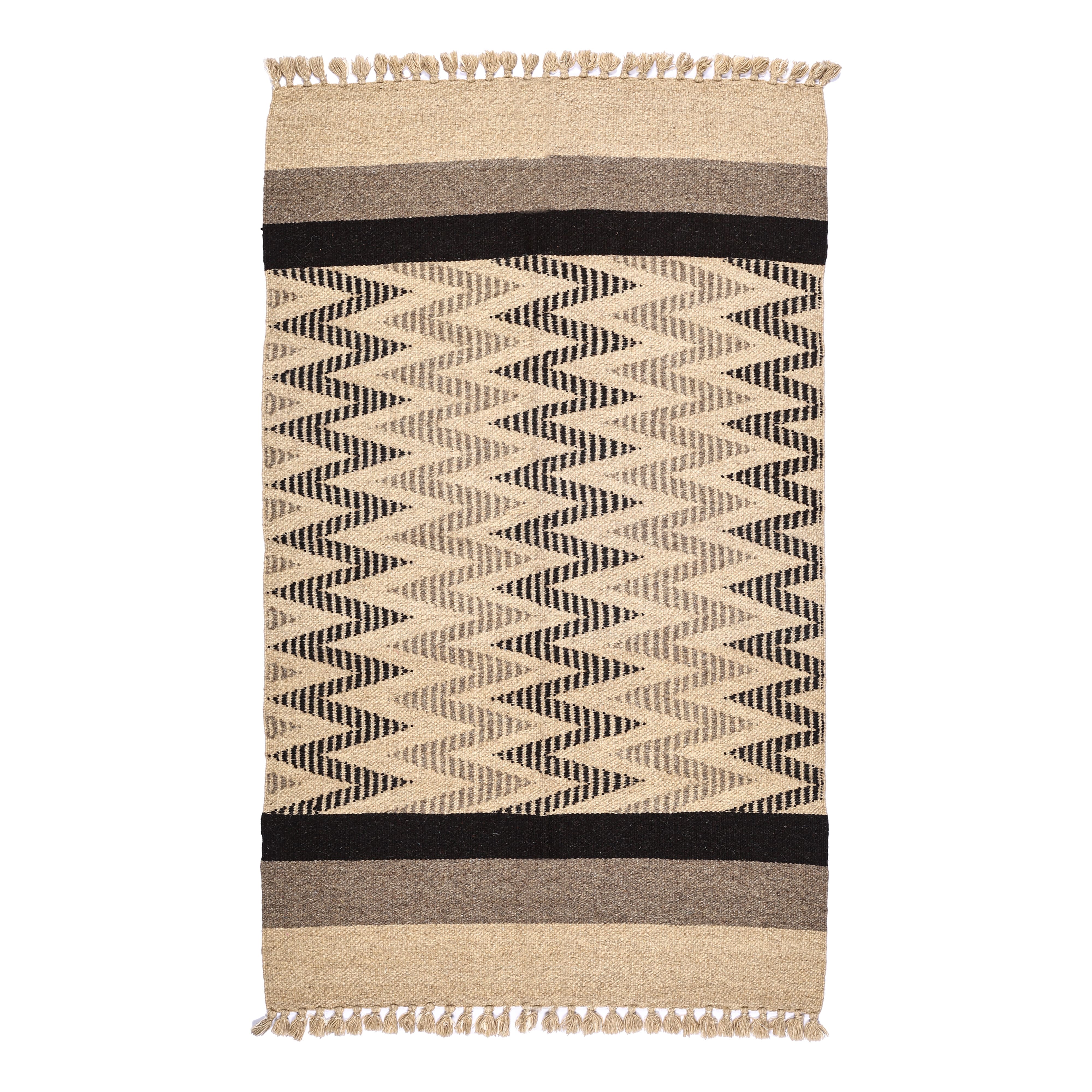 Beige and Black Handwoven Jawaja Durrie - Zig-Zag Pattern