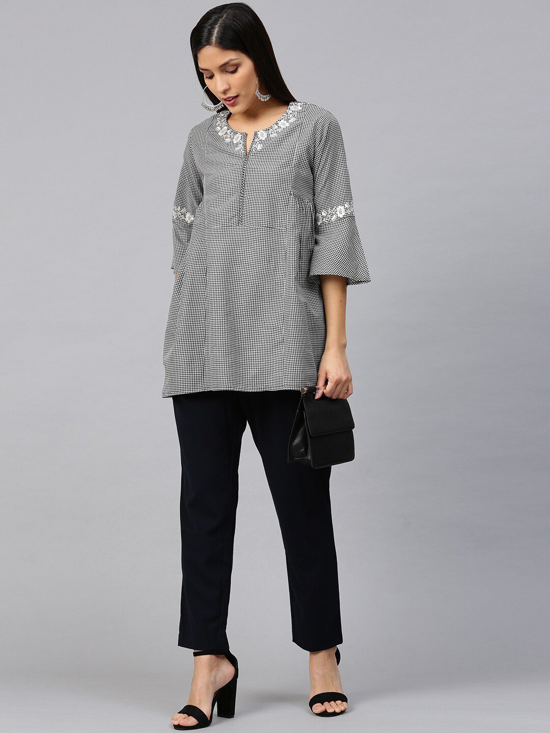Women's Black & White Checked Embroidered Tunics - Bhama Couture USA