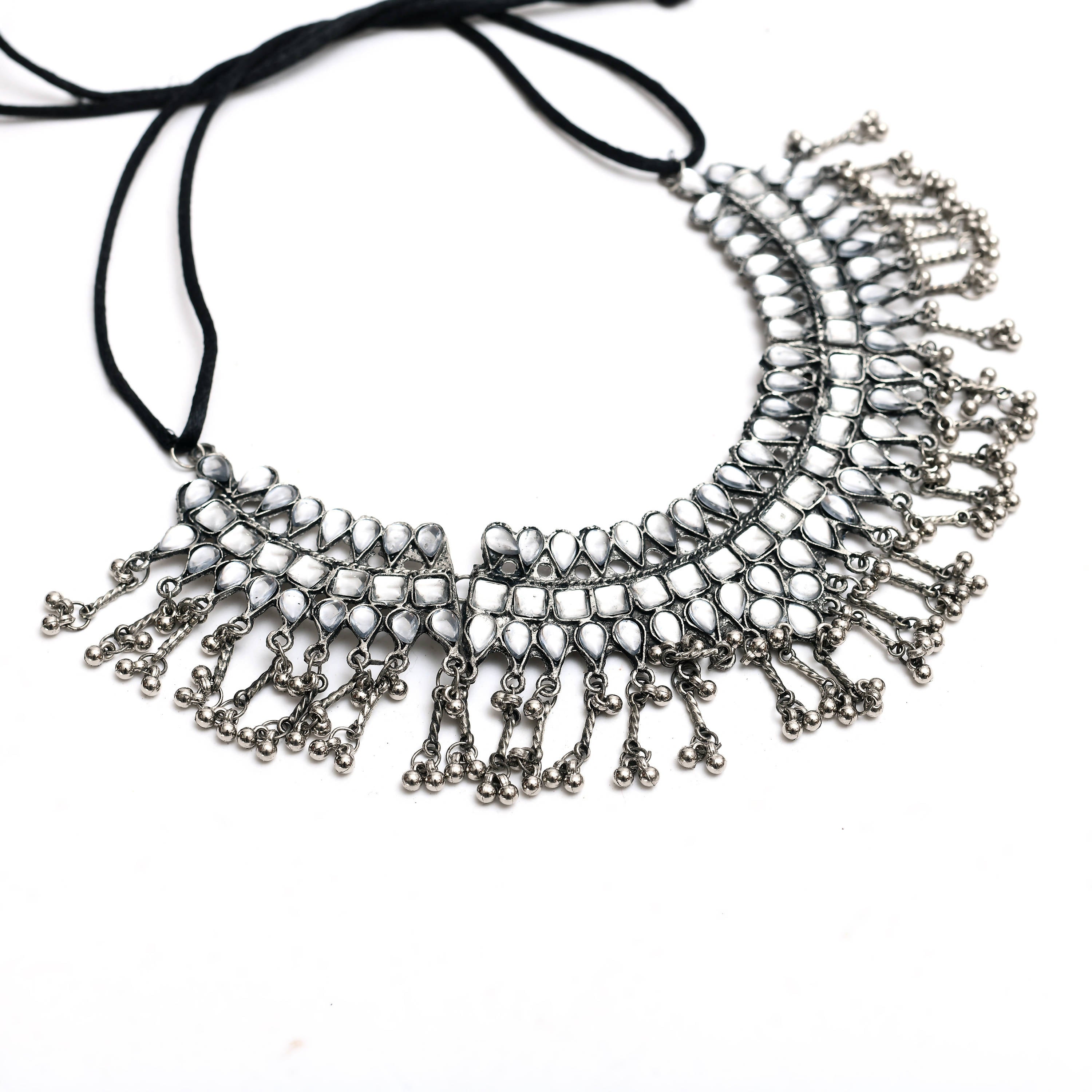Kamal Johar Silver-Plated Kundan Necklace with Earrings white Mangal