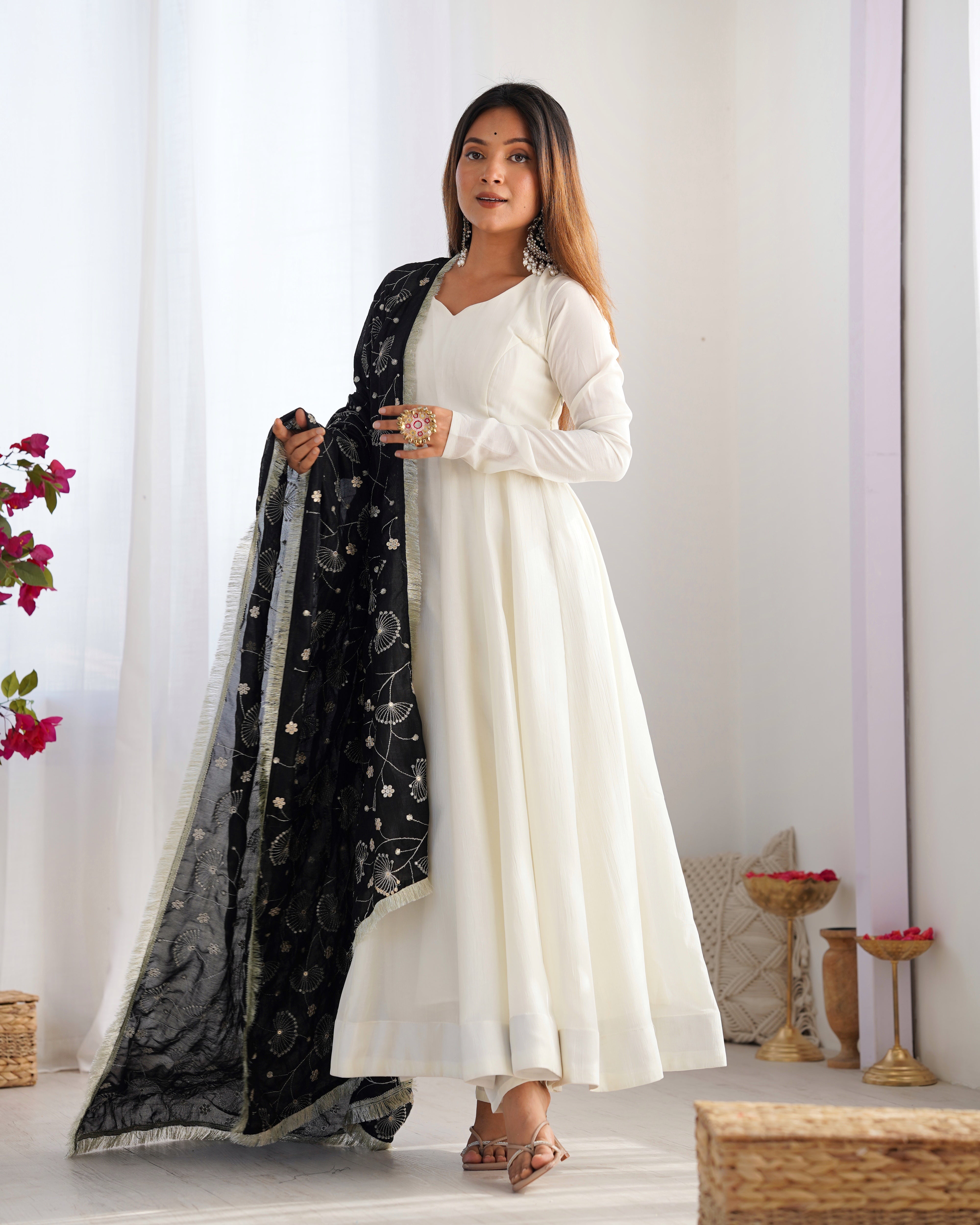 Women's White Vichitra Silk Fabric Fully Flared Anarkali Pant with Dupatta Set White / S | Trendia Global Women's White Vichitra Silk Fabric Fully Flared Anarkali Pant with Dupatta Set White / S | Trendia Global