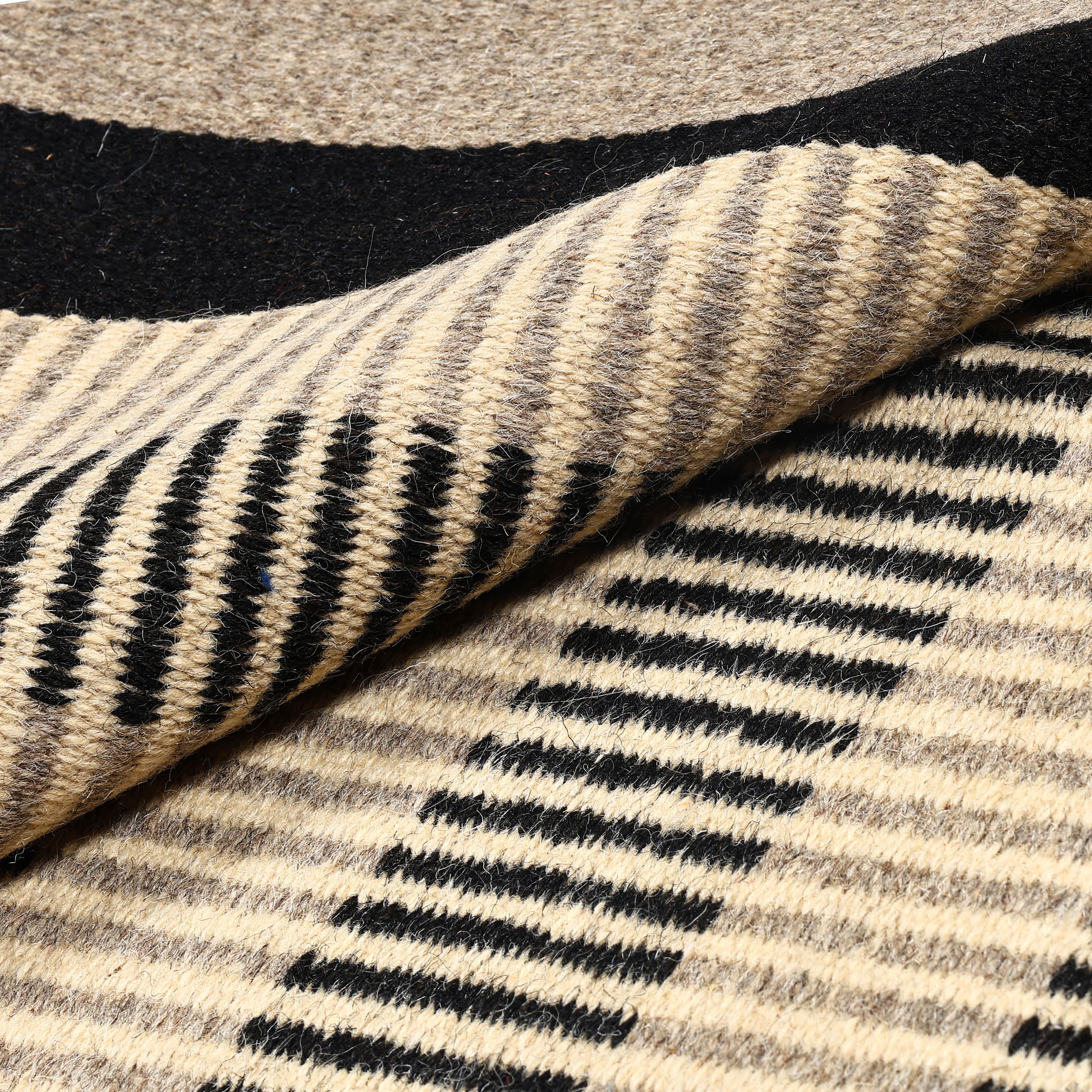 Black and Beige Handwoven Jawaja Durrie - Stripe Pattern