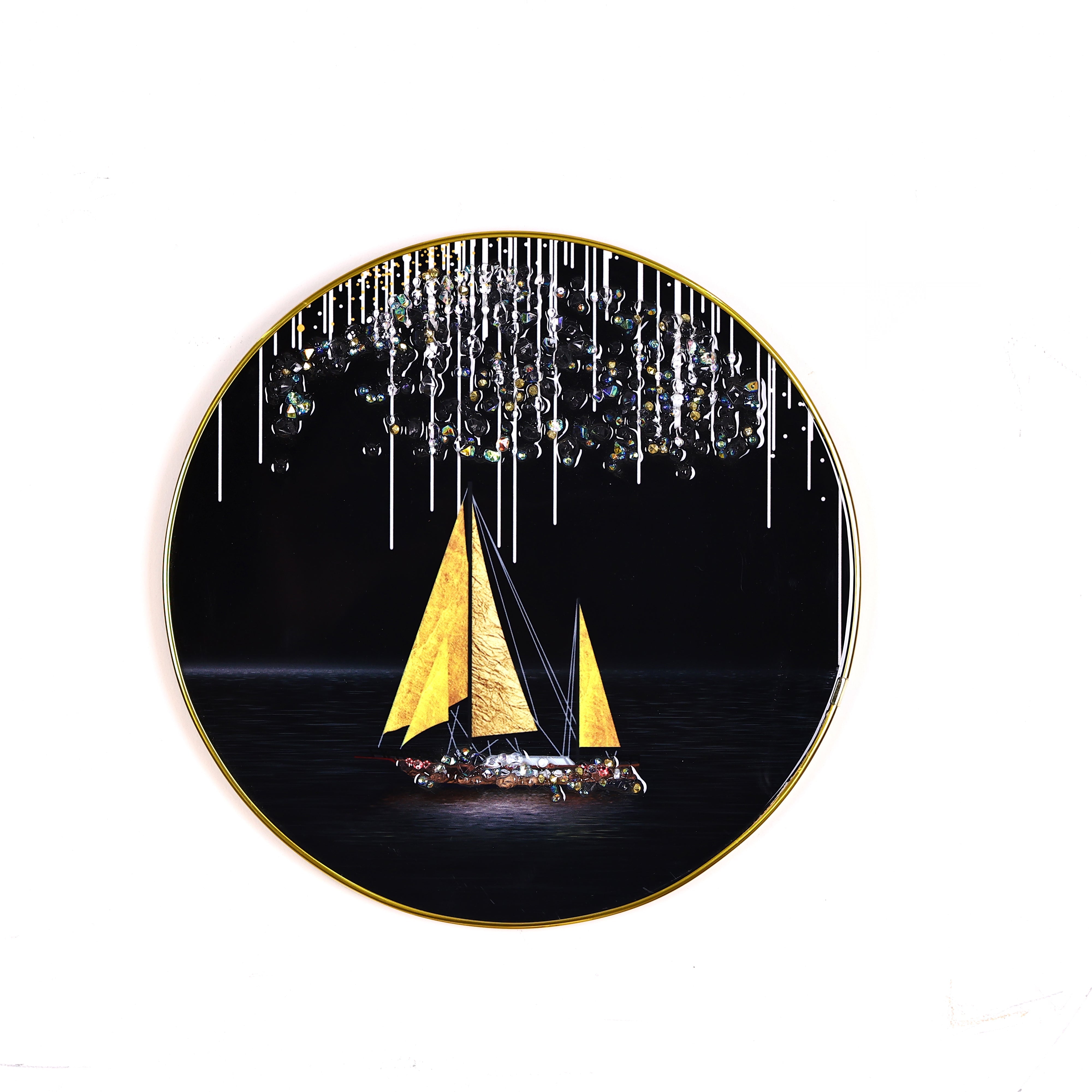 Black and Golden Sailboat Crystal Embellished Resin Wall Hanging