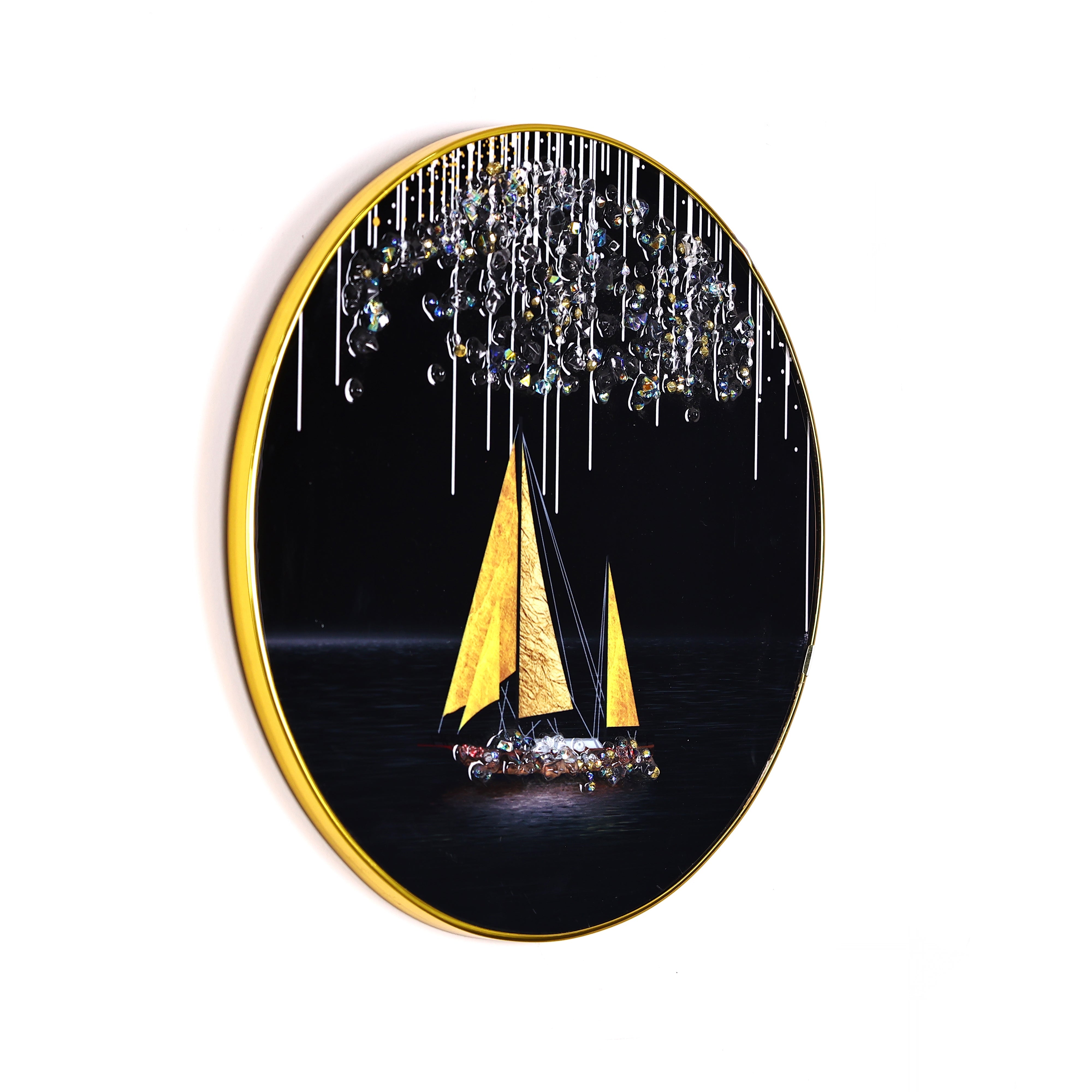 Black and Golden Sailboat Crystal Embellished Resin Wall Hanging