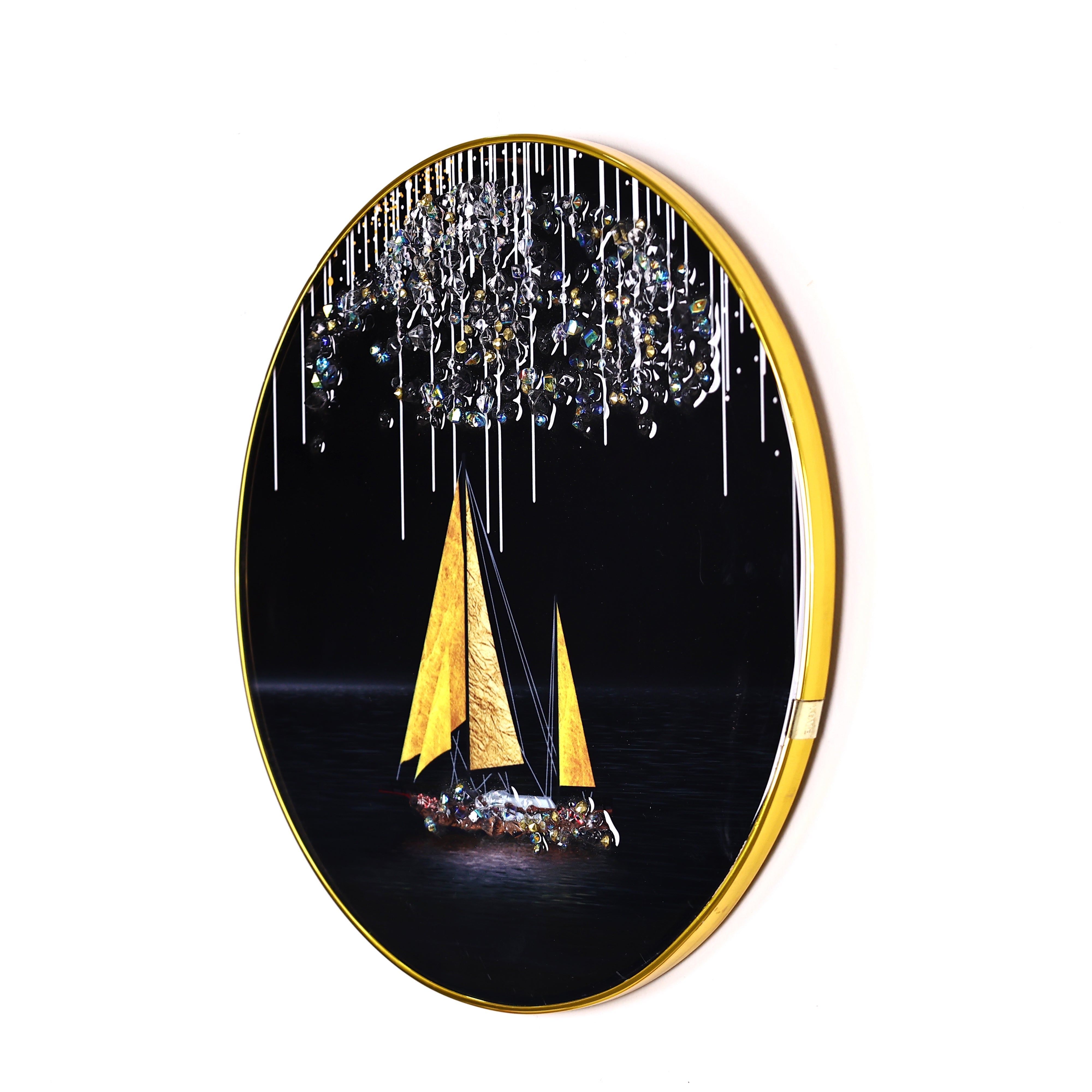 Black and Golden Sailboat Crystal Embellished Resin Wall Hanging