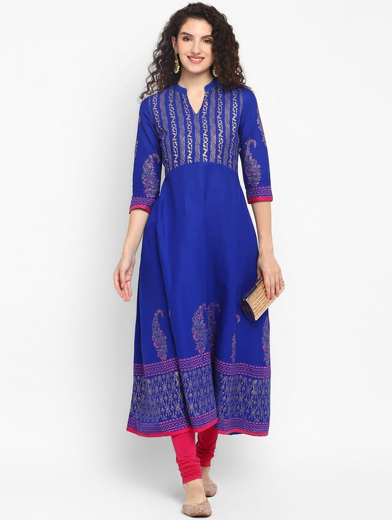 Women's Blue Cotton Printed Anarkali Kurti