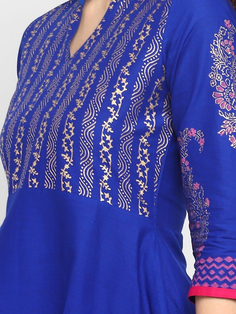 Women's Blue Cotton Printed Anarkali Kurti