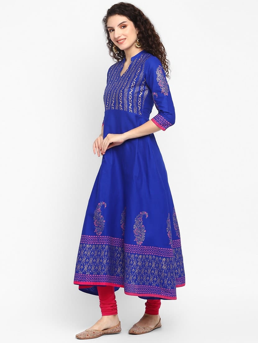 Women's Blue Cotton Printed Anarkali Kurti - Taantav