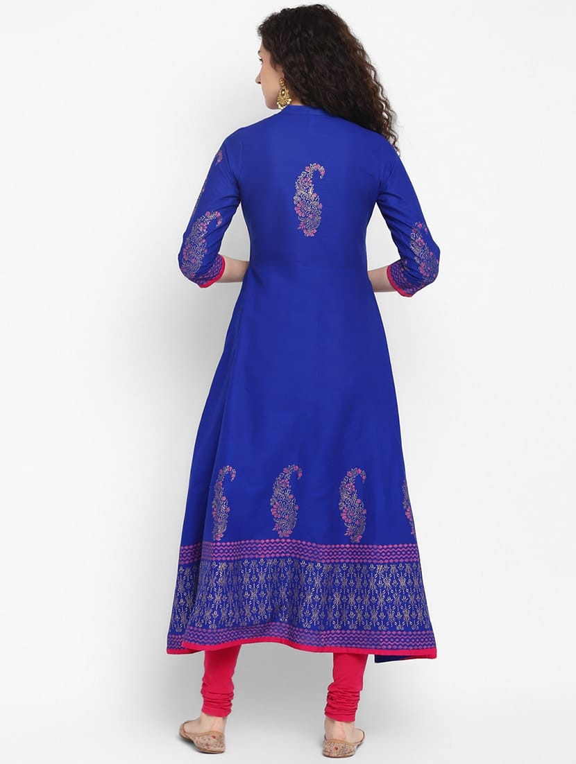 Women's Blue Cotton Printed Anarkali Kurti - Taantav