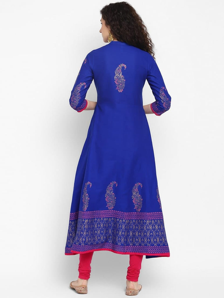 Women's Blue Cotton Printed Anarkali Kurti