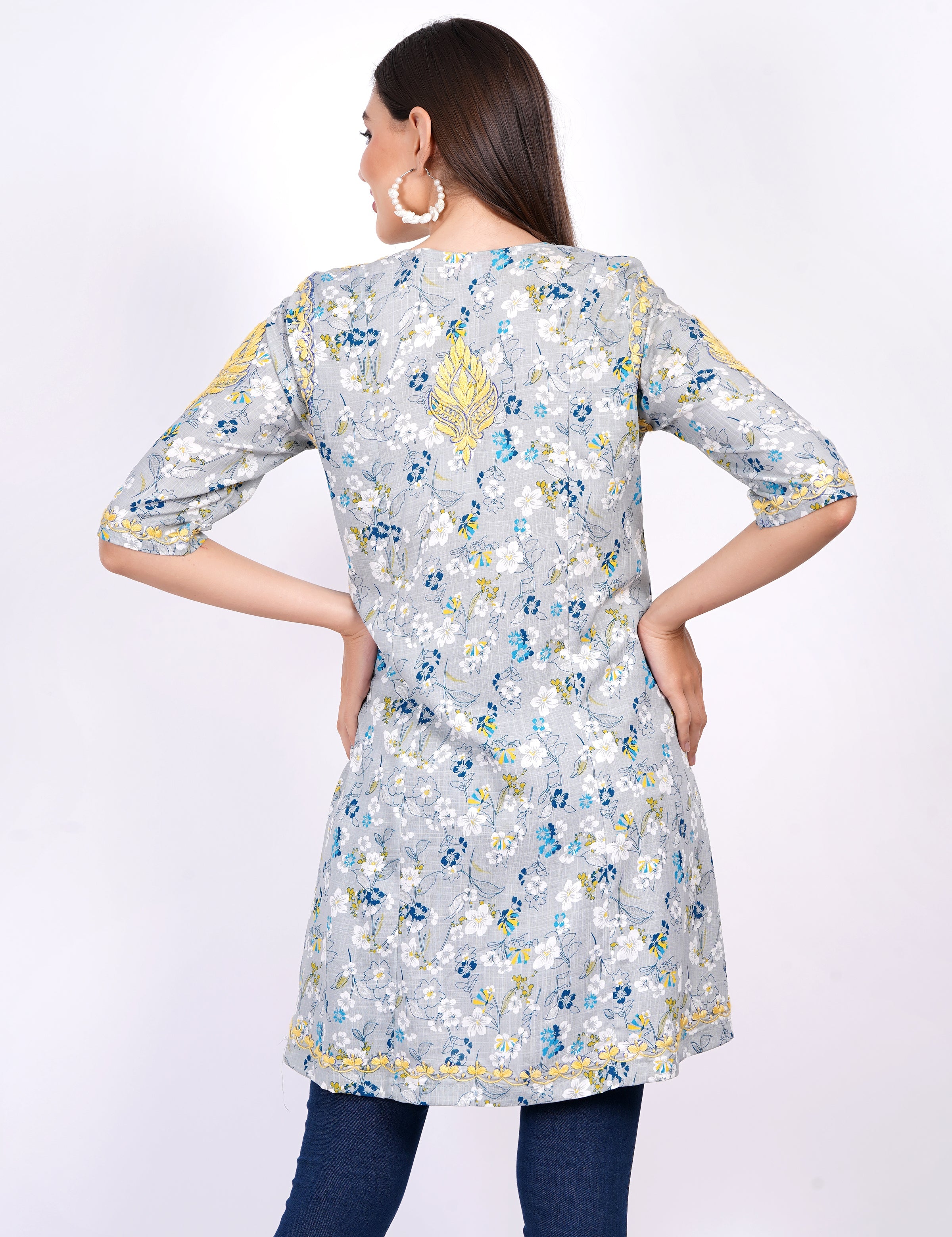 Women's Blue Printed Rayon Chikankari Dress