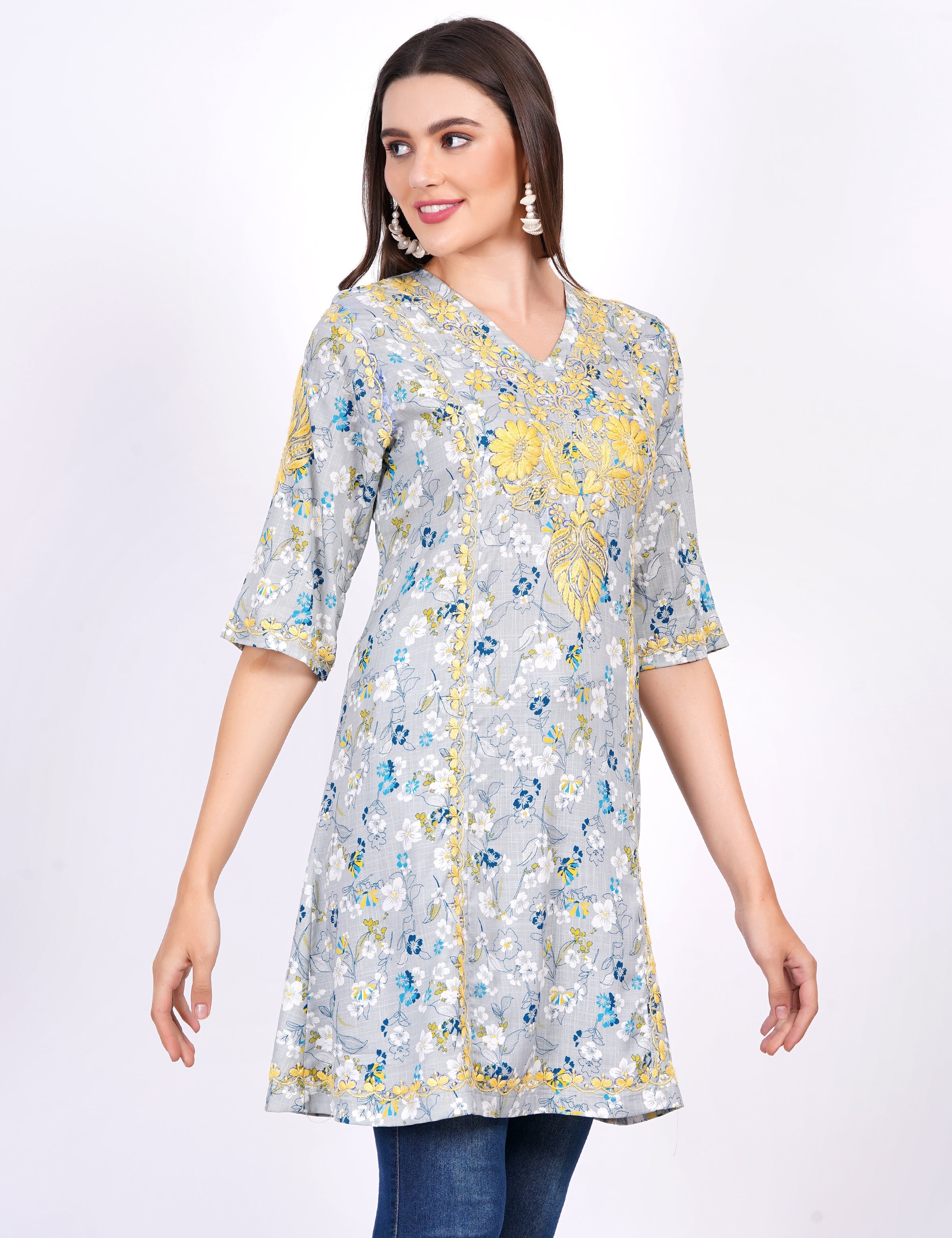 Women's Blue Printed Rayon Chikankari Dress