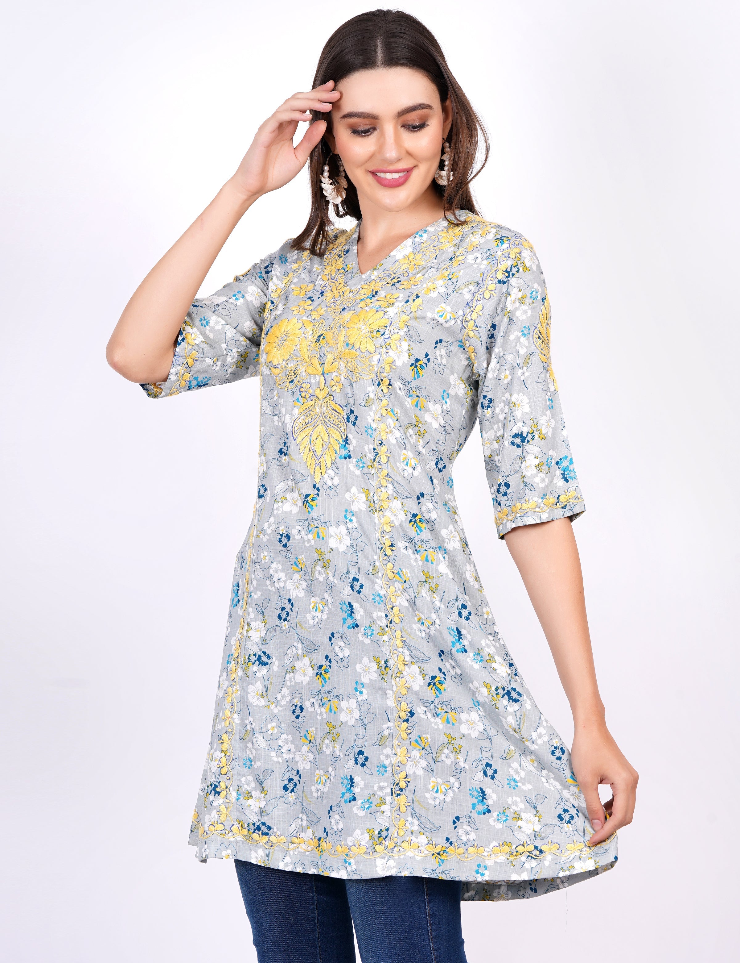 Women's Blue Printed Rayon Chikankari Dress