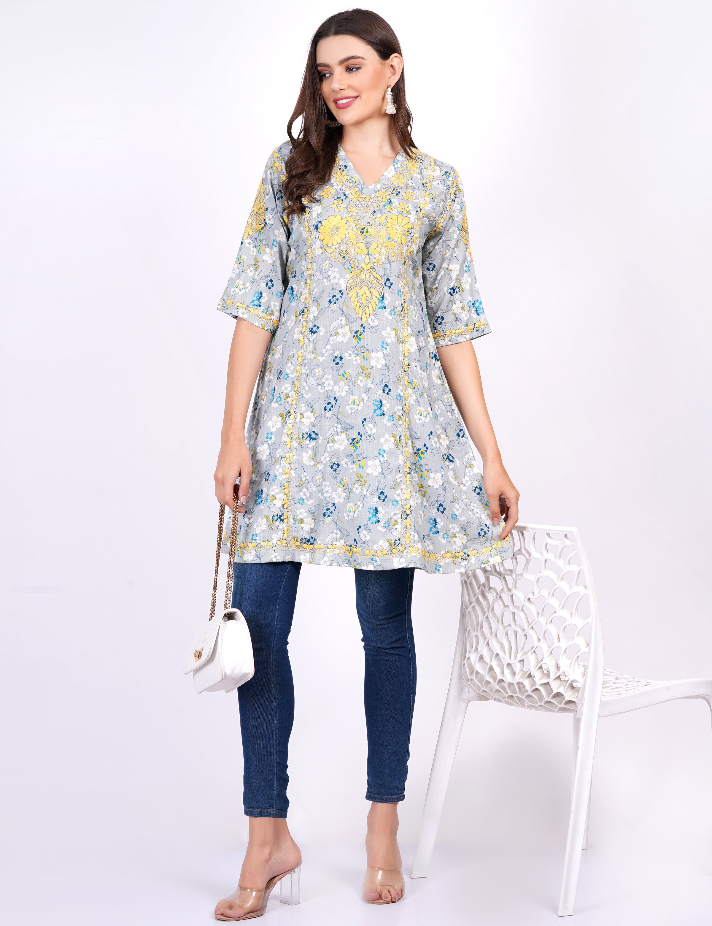 Women's Blue Printed Rayon Chikankari Dress