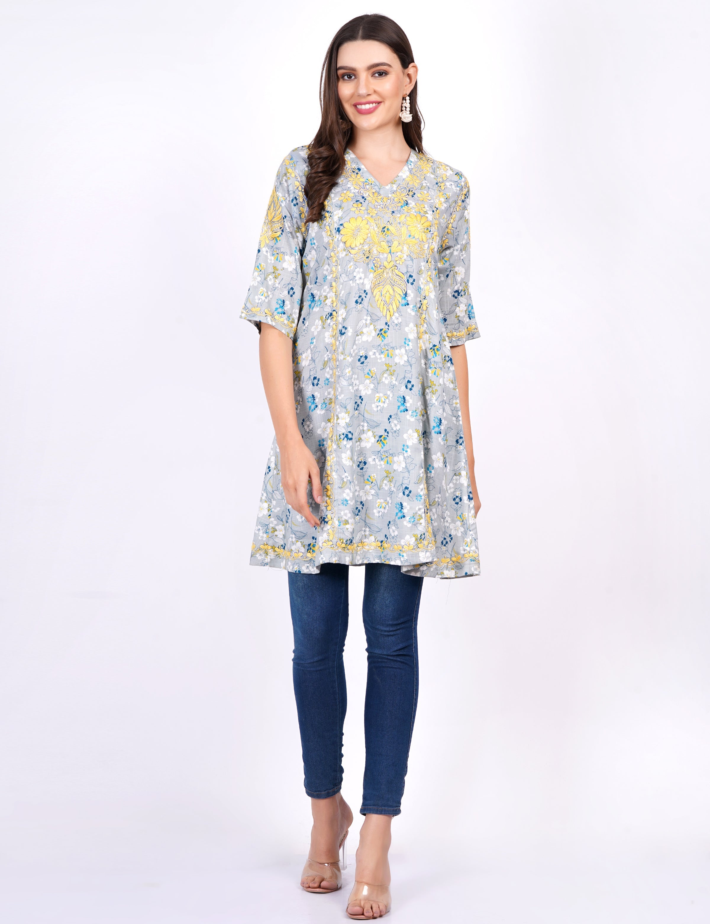 Women's Blue Printed Rayon Chikankari Dress