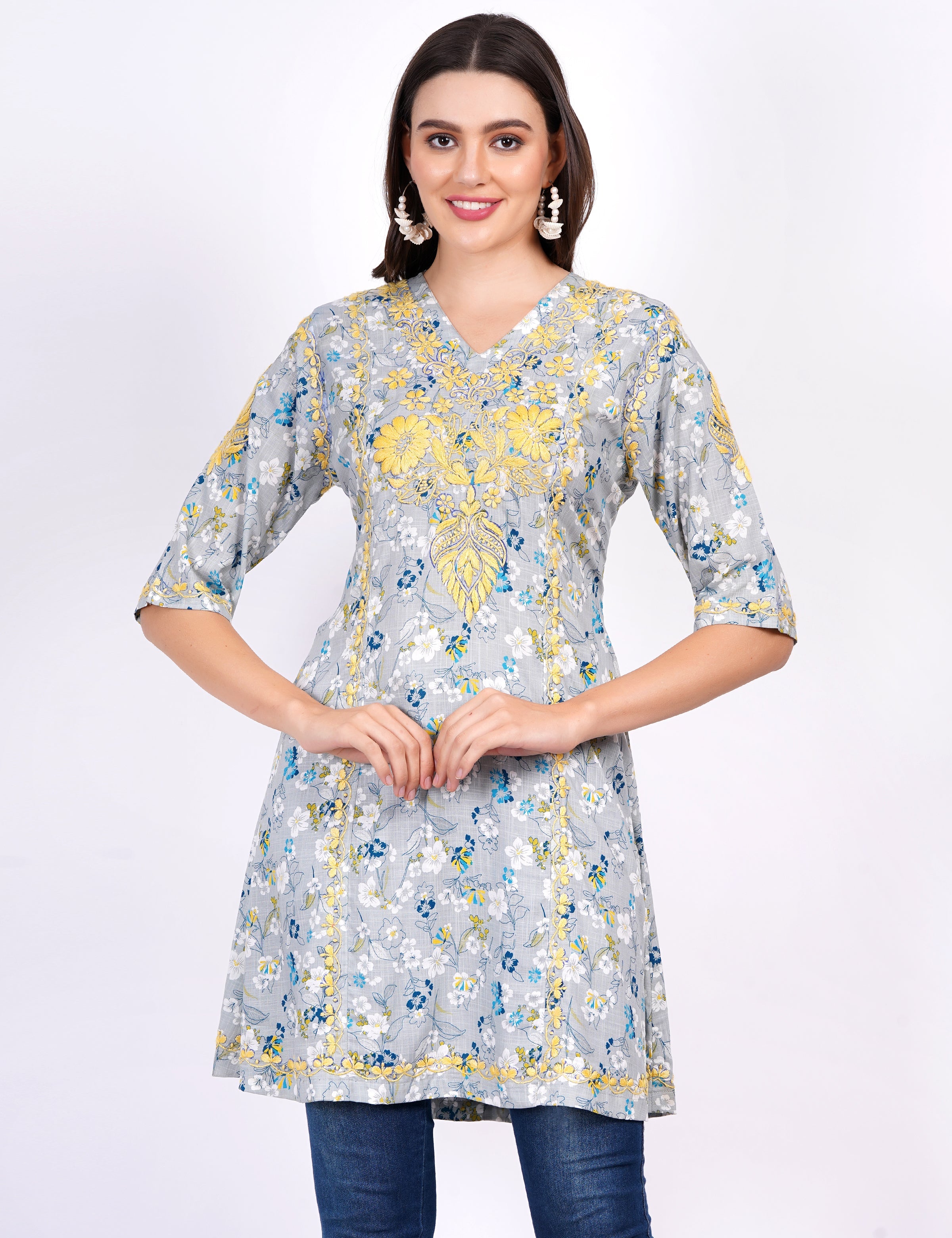 Women's Blue Printed Rayon Chikankari Dress