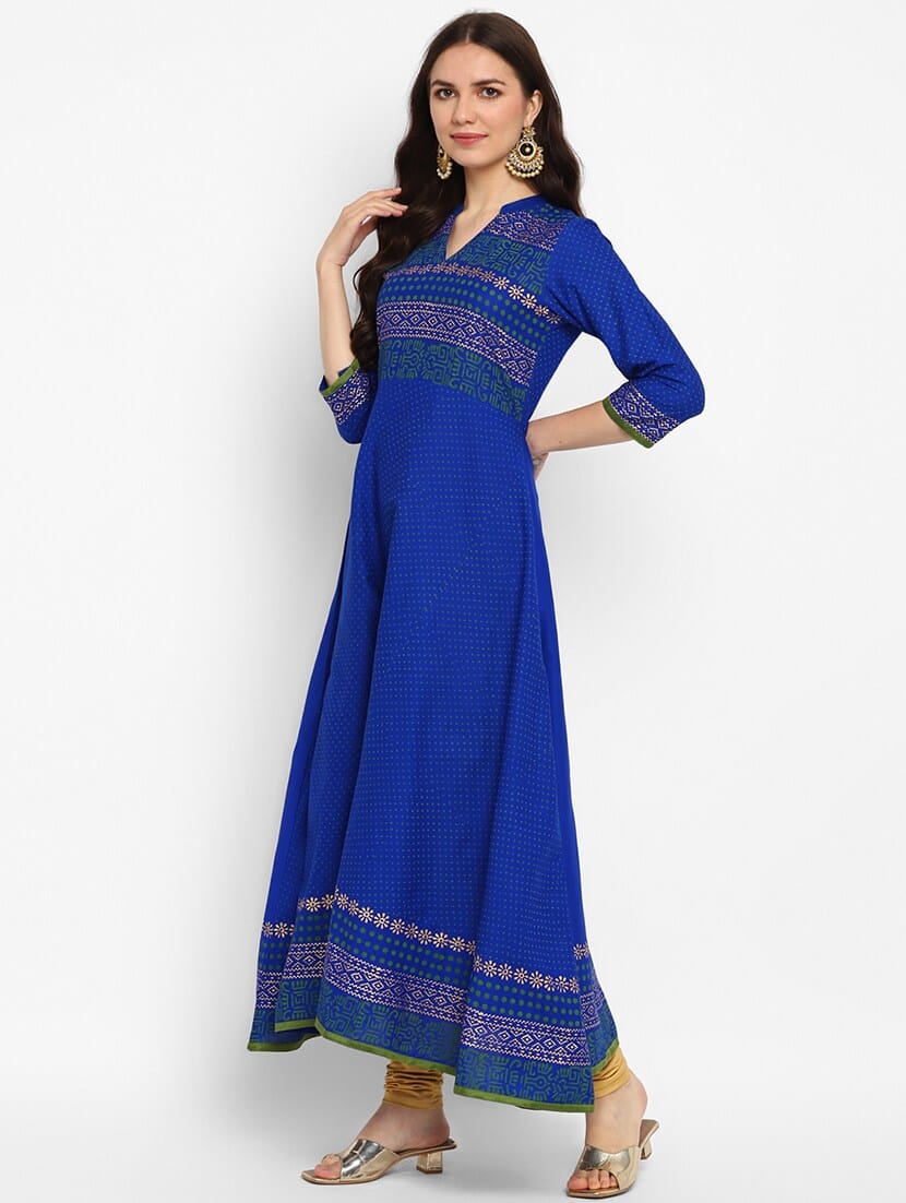 Women's Blue Cotton Printed Anarkali Kurti - Taantav